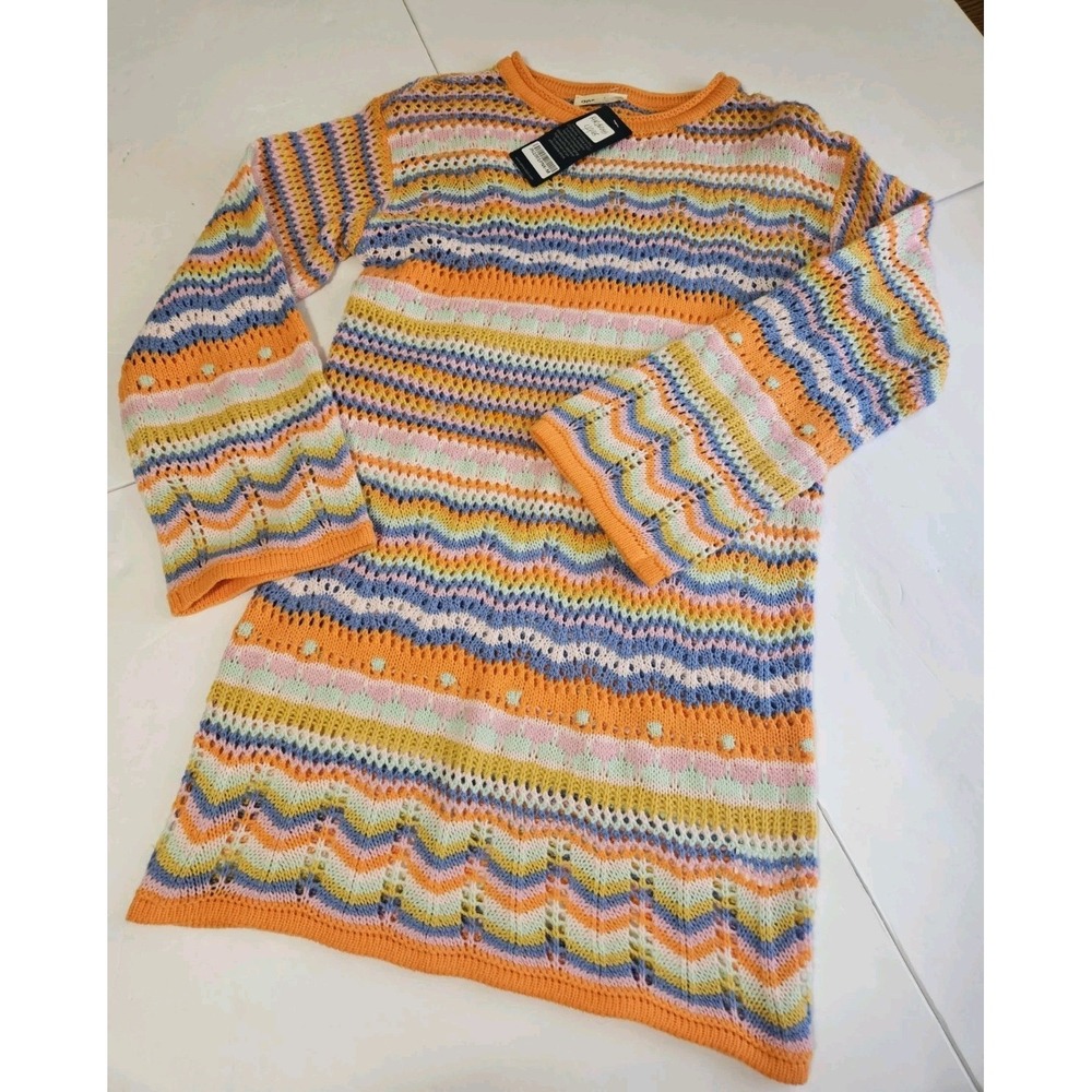 Anna Kaci Bohemian-Style Crochet Knit Mini Pastel Sweater Dress Size Medium